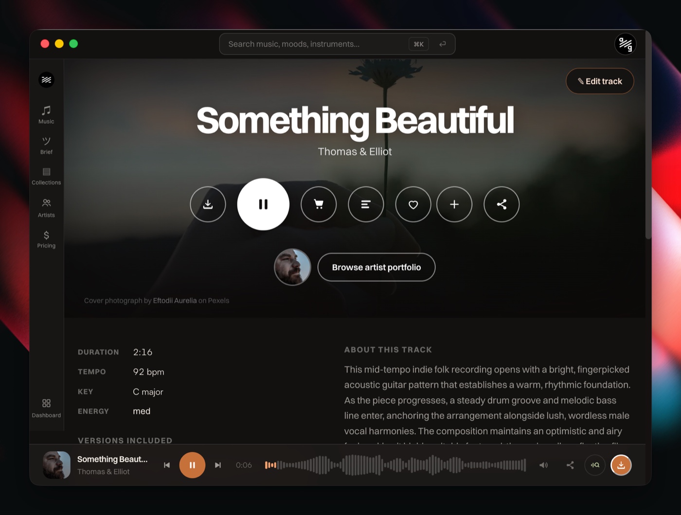 The AGsoundtrax desktop app playing a track
